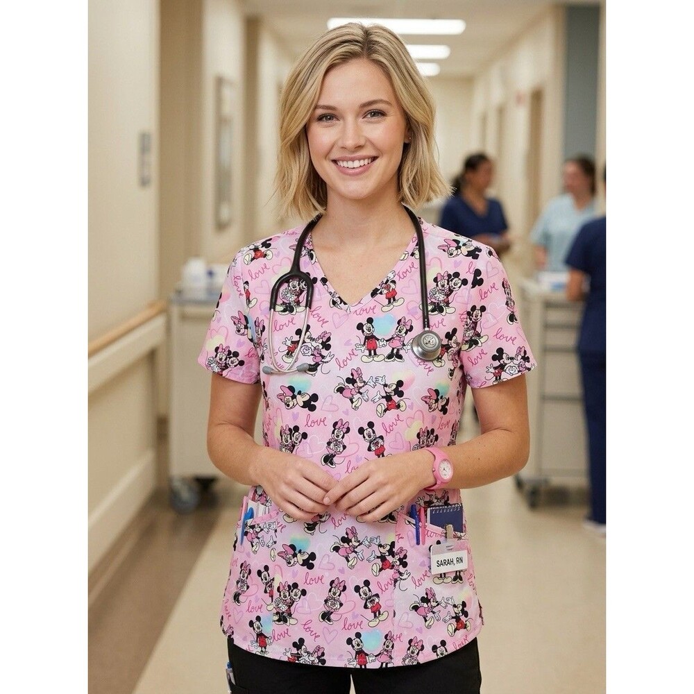 Disney Mickey Minnie Mouse Love Surrounds Pink Women’s Scrub Top AOP Size Large